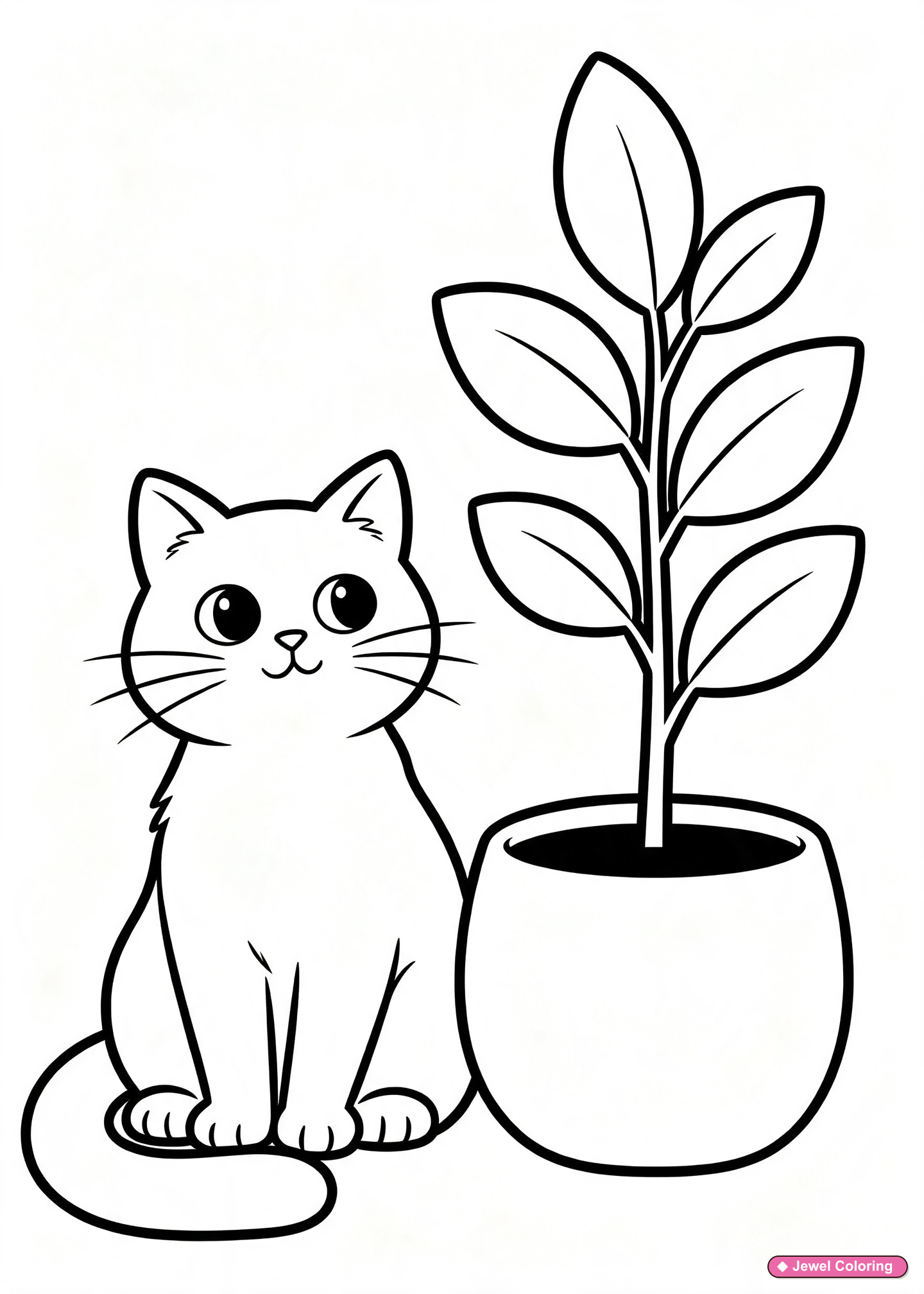 Cat Beside Potted Plant Coloring Page printable cats coloring page