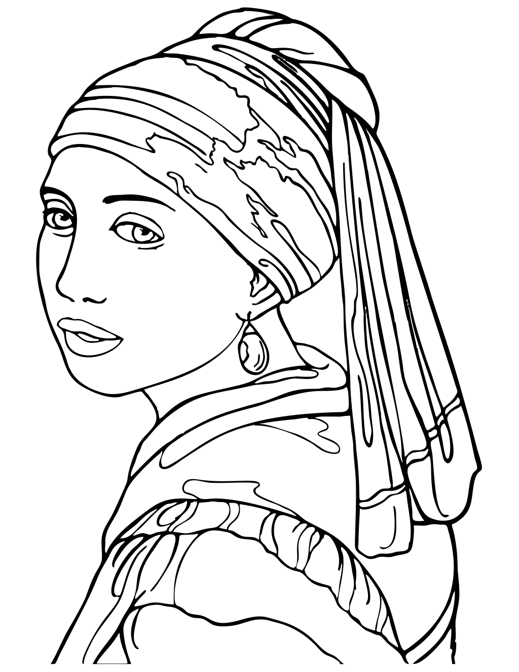 Girl With Pearl Earring By Line Art printable teens coloring page