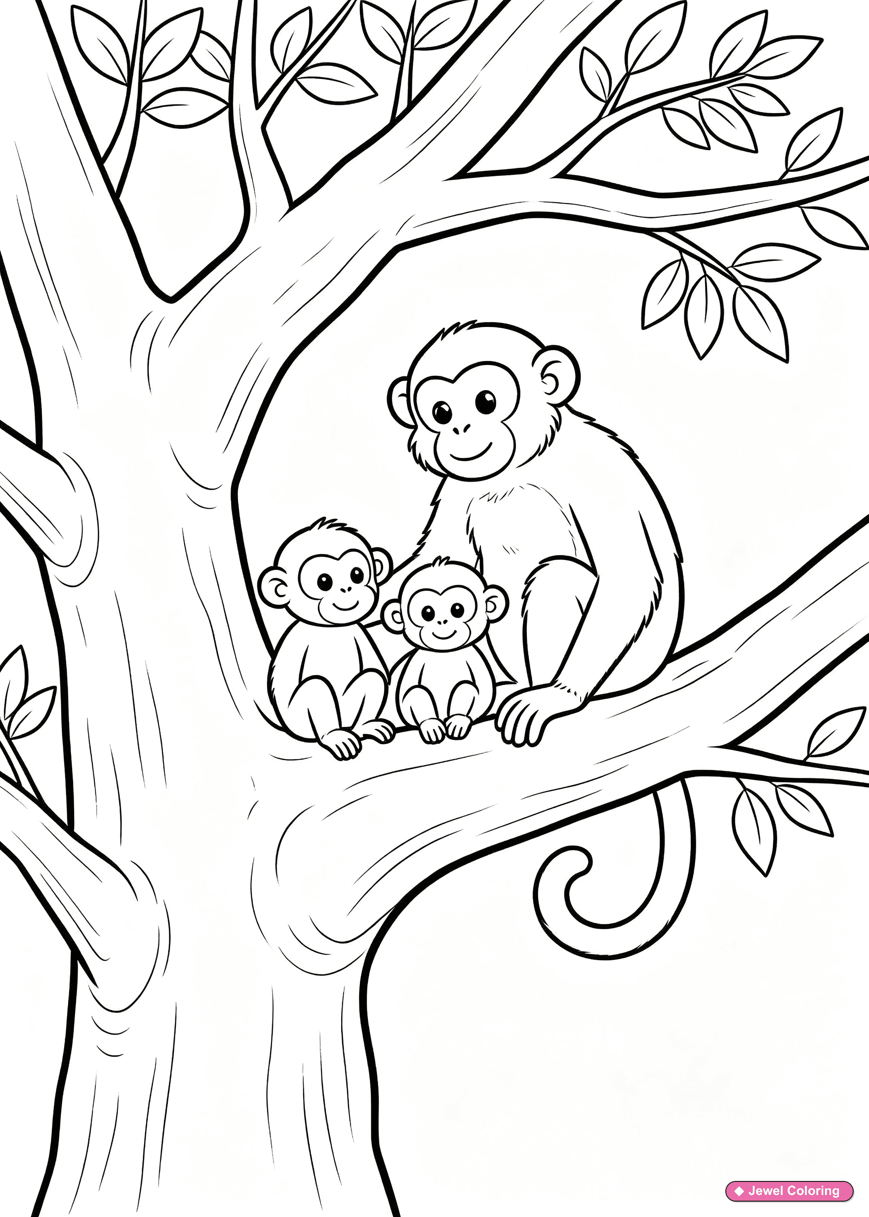 Monkey Family In Tree Coloring Page printable monkeys coloring page