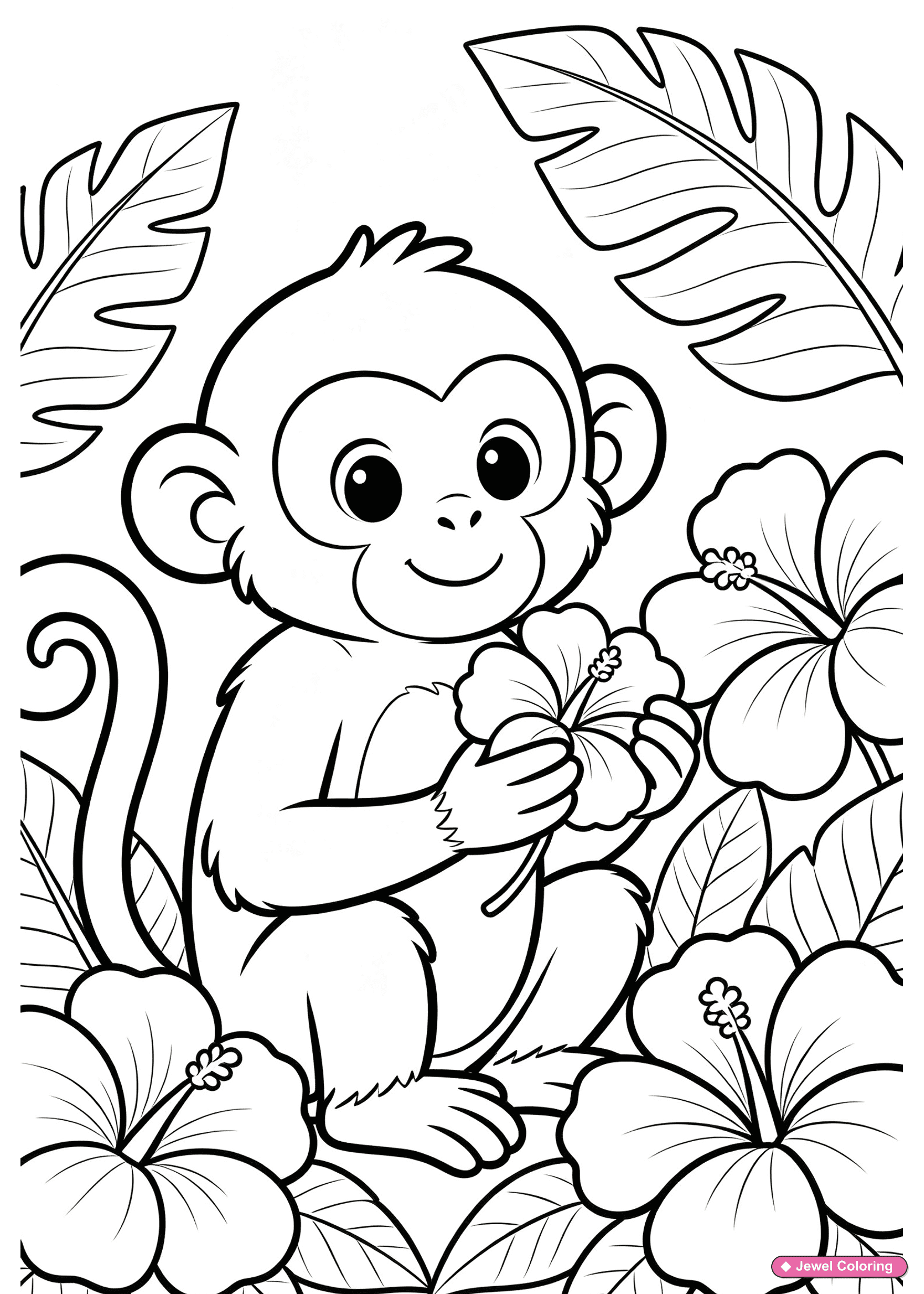 Monkey With Tropical Flowers Coloring Page printable monkeys coloring page