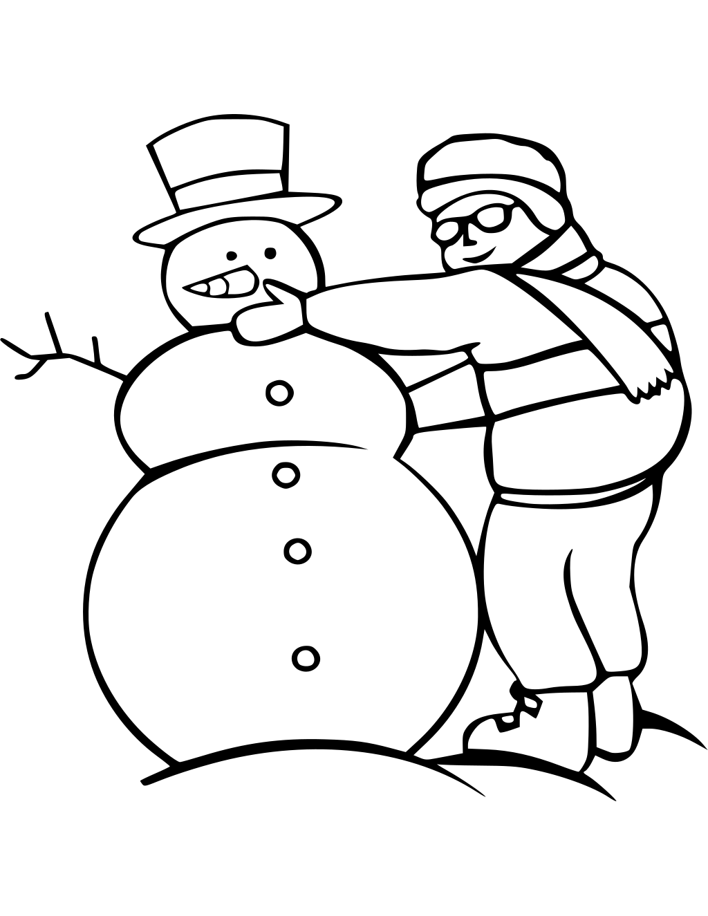 Boy Making A Snowman Line Art Vector printable winter coloring page