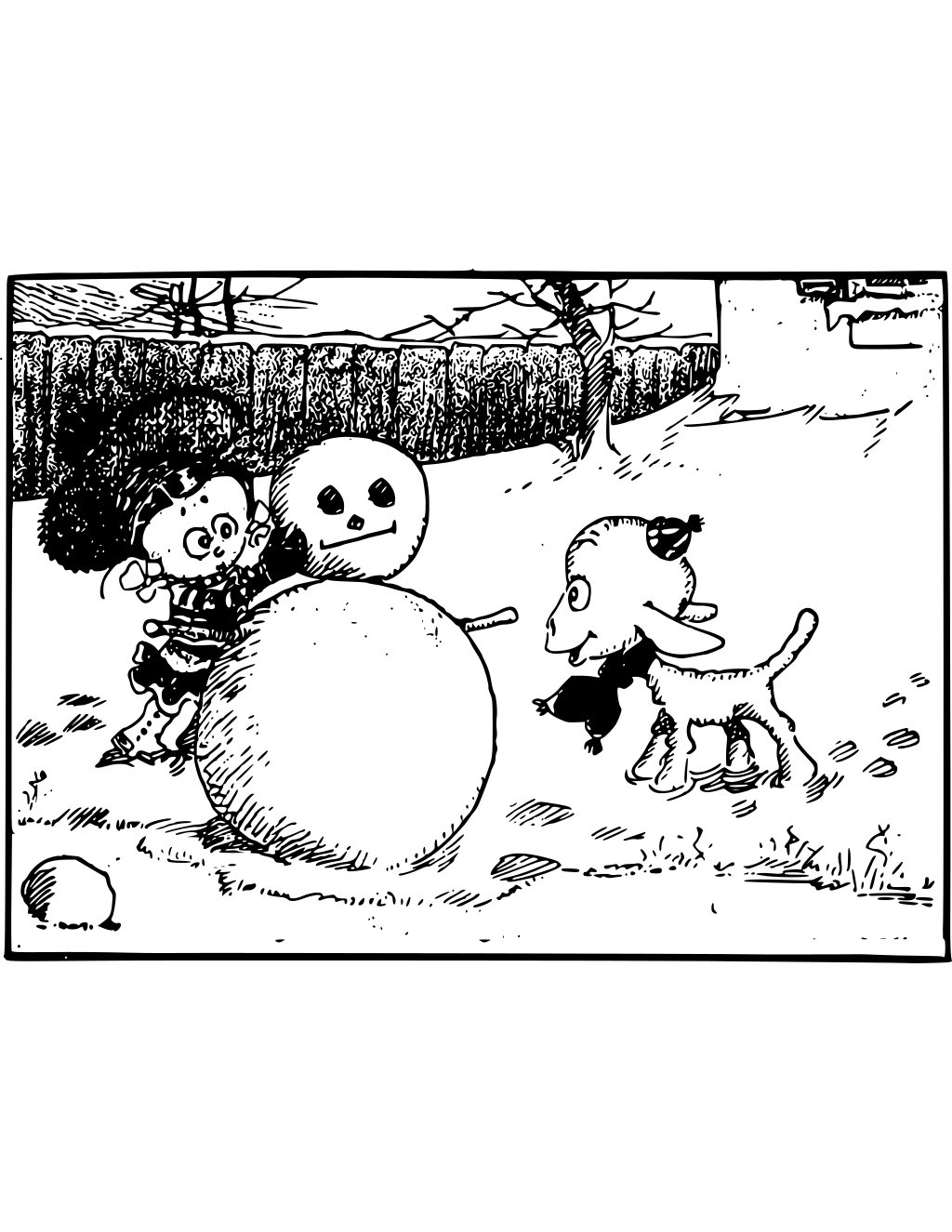 Kid Makes A Snowman In Front Of printable winter coloring page