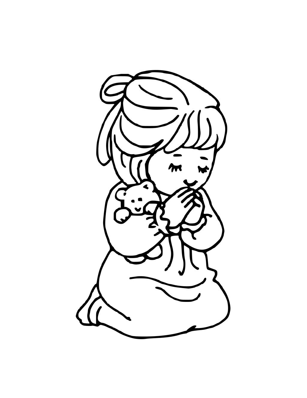 Girl Praying On Her Knees Vector Line printable kawaii coloring page