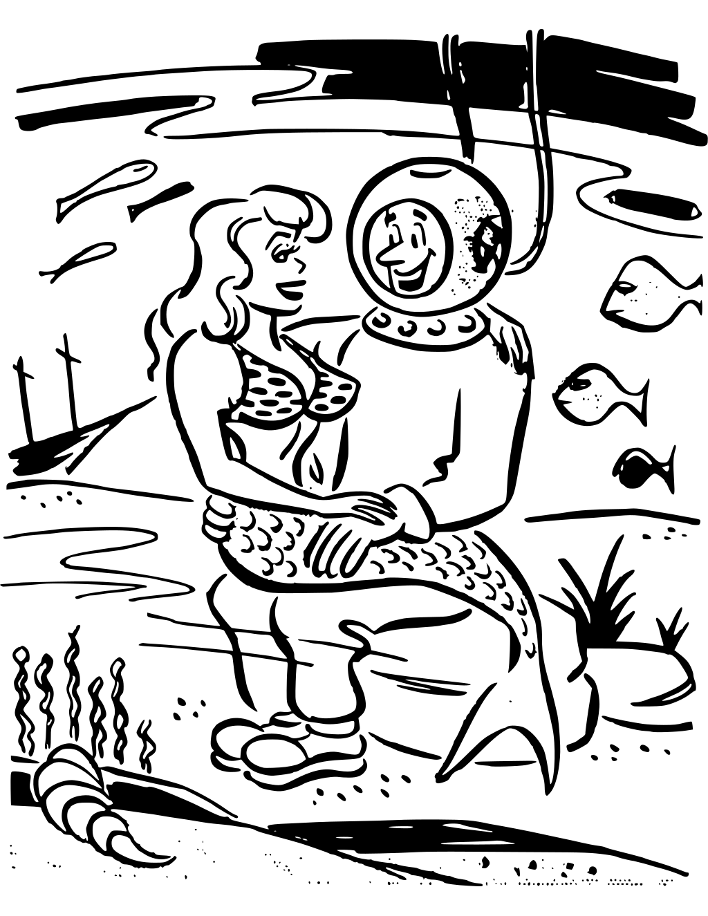 Diver And Mermaid printable mermaids coloring page