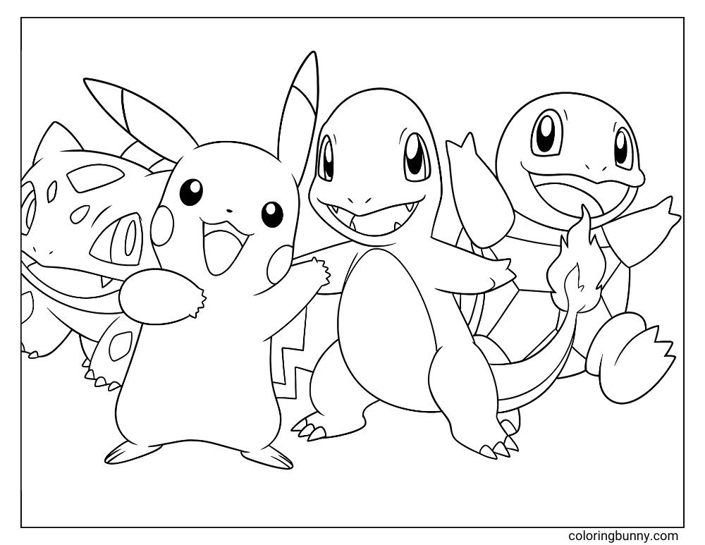 Bulbasaur Pikachu Charmander and Squirtle Pokemon printable Pokemon coloring page