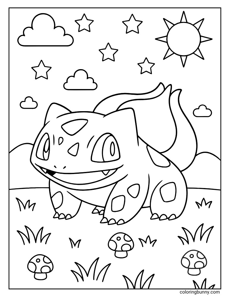 Bulbasaur in a mushroom meadow printable Pokemon coloring page