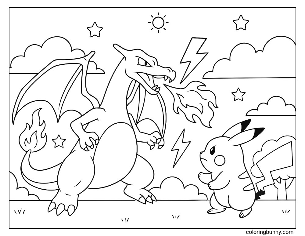Charizard vs. Pikachu printable Pokemon coloring page