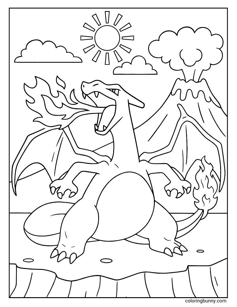 Charizard and volcano fire printable Pokemon coloring page
