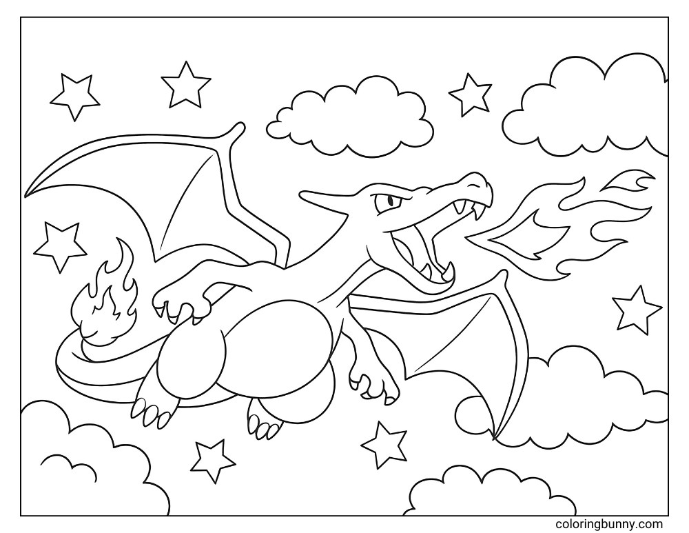 Charizard flying in the sky printable Pokemon coloring page