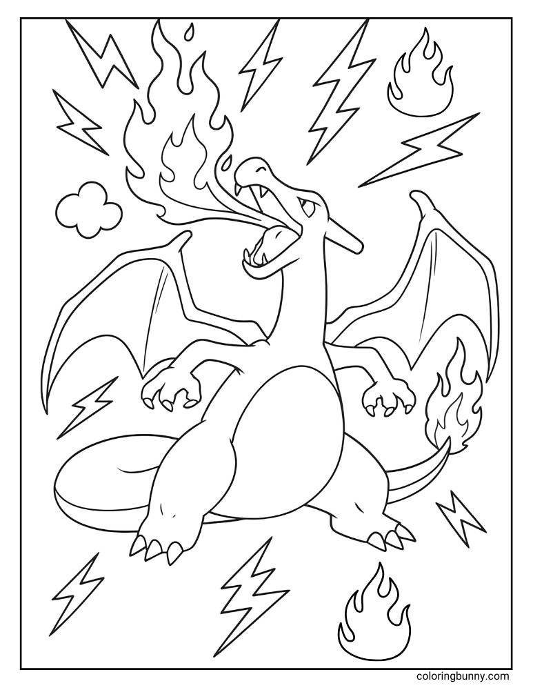 Charizard with fire and lightning printable Pokemon coloring page