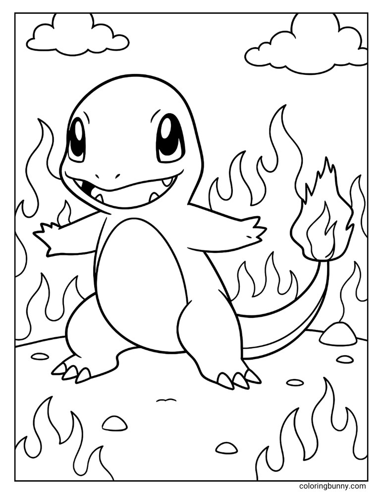 Charmander and fire printable Pokemon coloring page