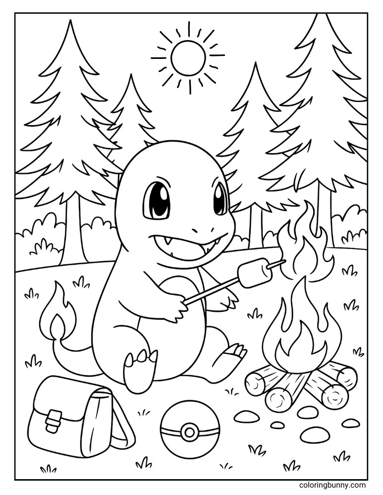 Charmander roasting Marshmallows in the woods printable Pokemon coloring page