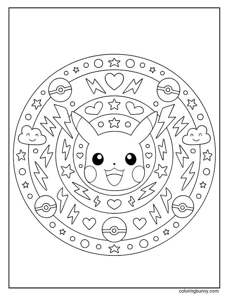 Circular Pikachu with lightning bolts rings stars and hearts printable Pokemon coloring page
