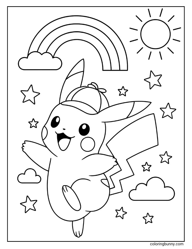 Cute and Happy Detective Pikachu printable Pokemon coloring page