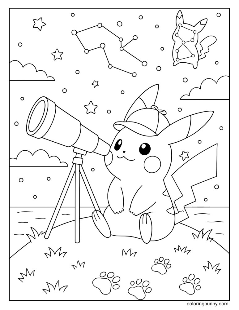 Detective Pikachu stargazing on a hill printable Pokemon coloring page