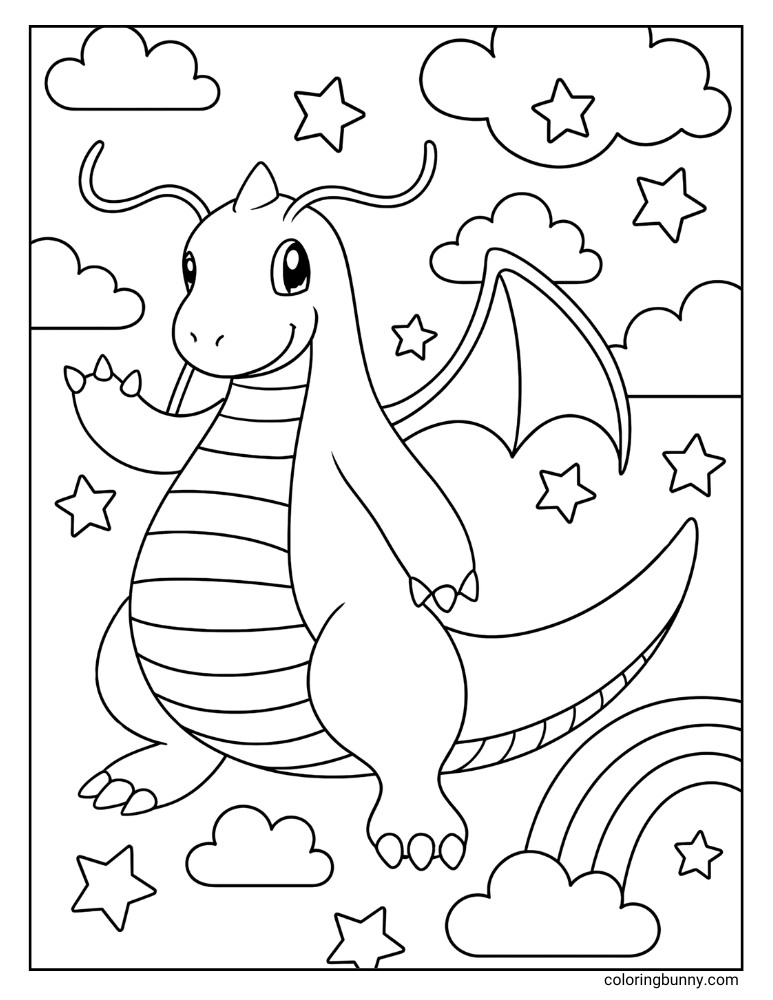 Dragonite in the sky printable Pokemon coloring page