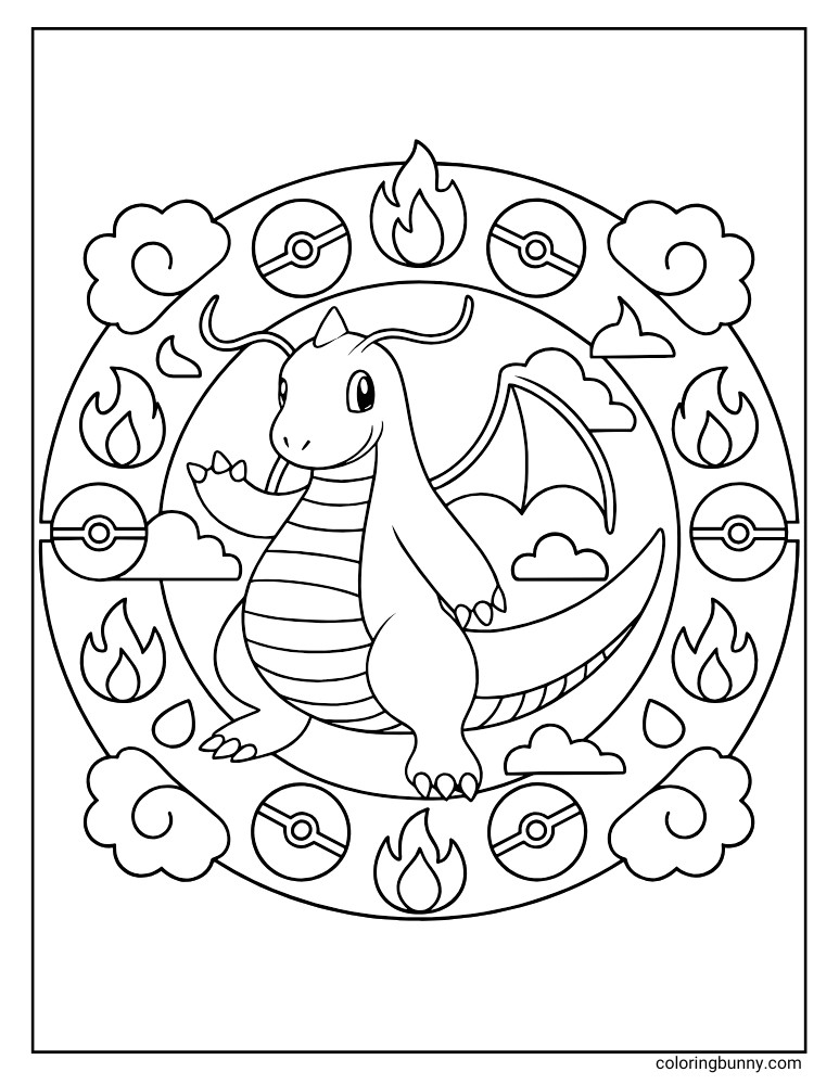 Dragonite mandala style printable Pokemon coloring page
