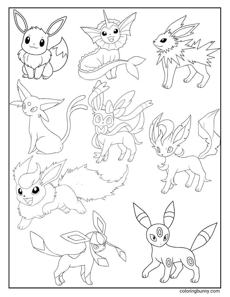 Eevee evolutions page printable Pokemon coloring page