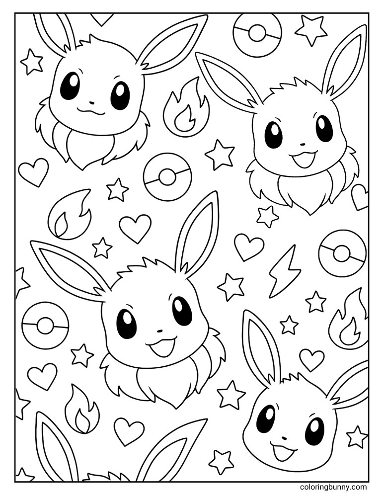 Eevee heads wallpaper with fire stars hearts Poke Balls and Lightning bolts printable Pokemon coloring page