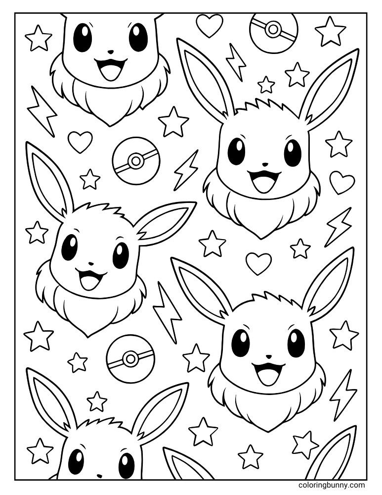 Eevee heads with stars lightning bolts and Poke Balls wallpaper printable Pokemon coloring page