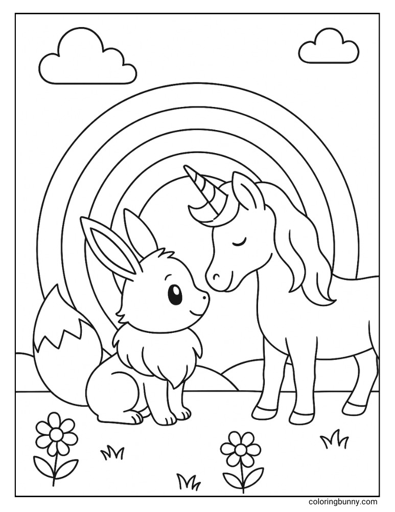 Eevee meets her cute unicorn friend with a rainbow background printable Pokemon coloring page