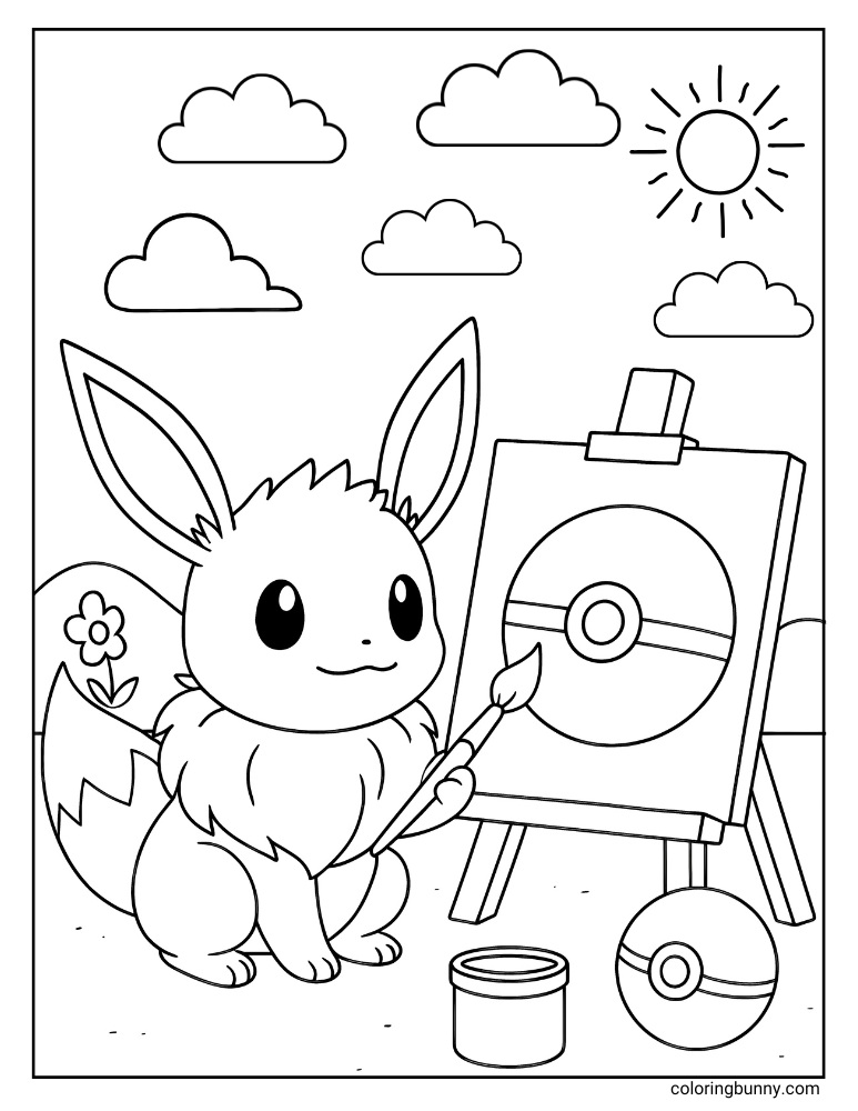 Eevee painting a poke ball printable Pokemon coloring page