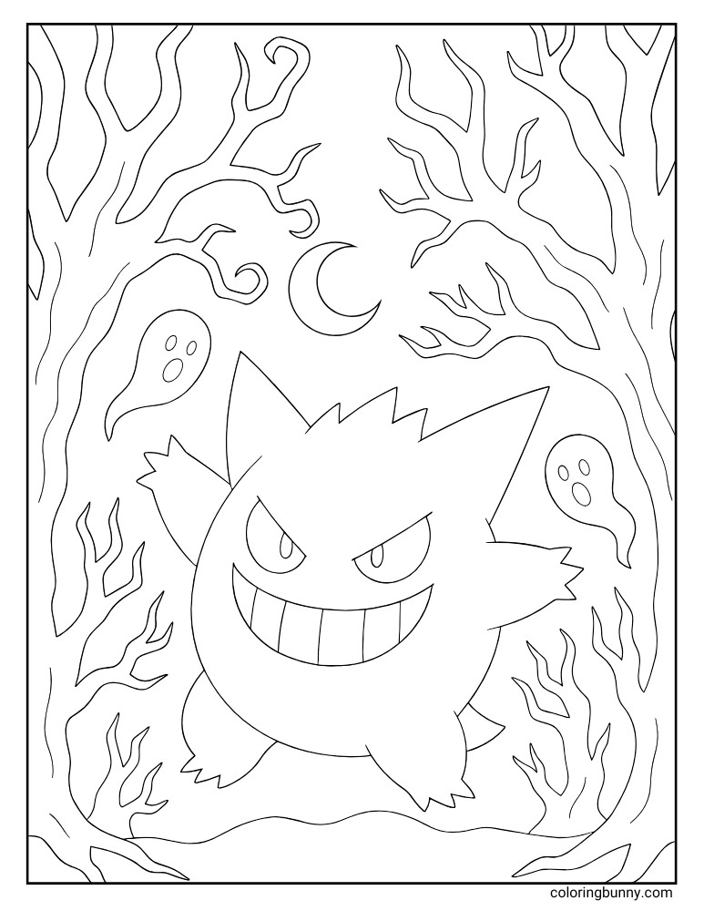 Gengar in a spooky forest printable Pokemon coloring page