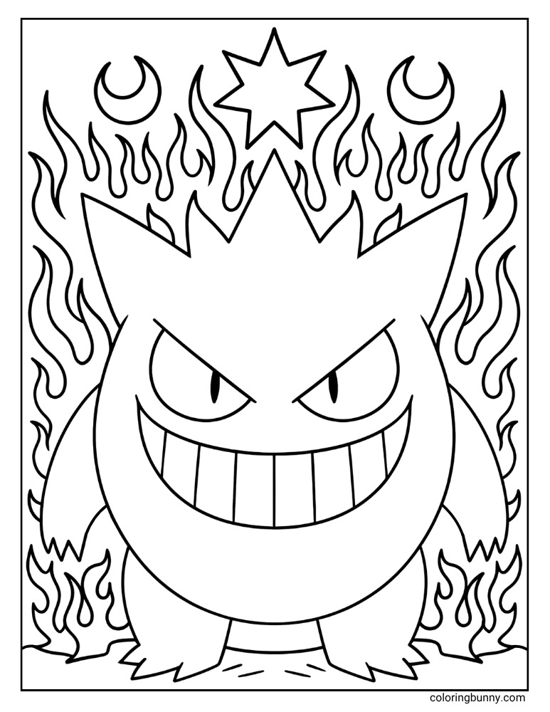 Gengar with flames printable Pokemon coloring page