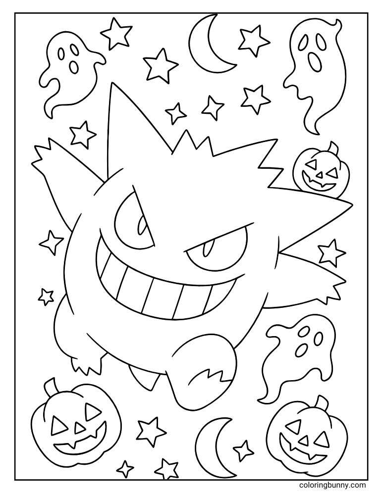 Gengar with ghosts stars moons and pumpkins printable Pokemon coloring page