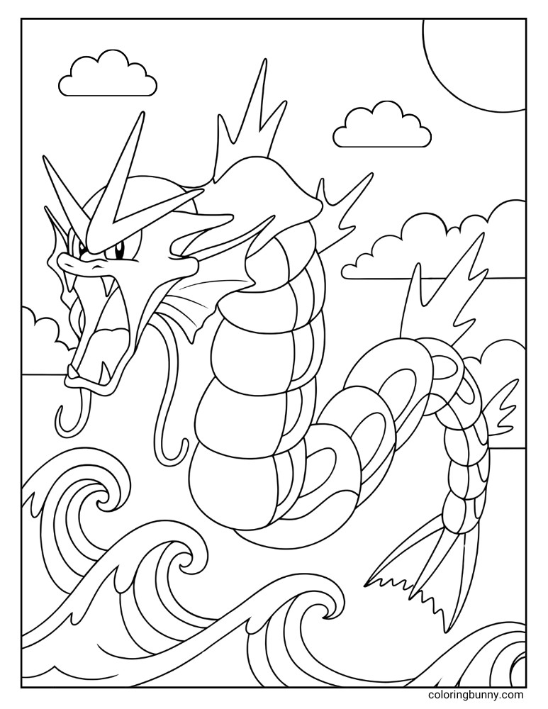 Gyarados with waves and cloud printable Pokemon coloring page