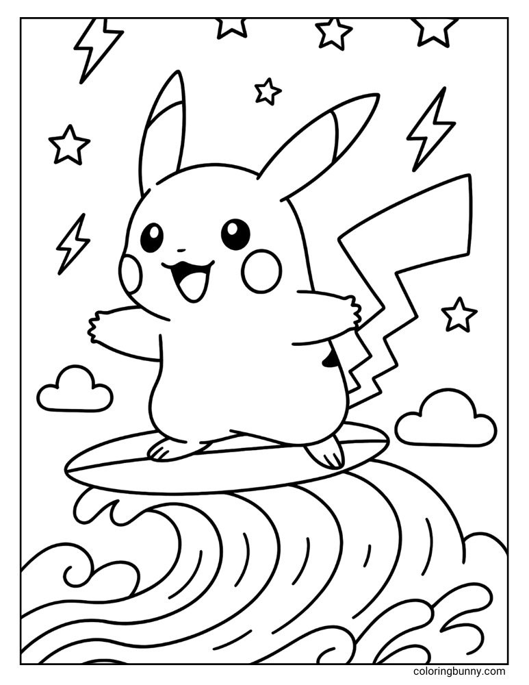 Happy Pikachu surfing printable Pokemon coloring page