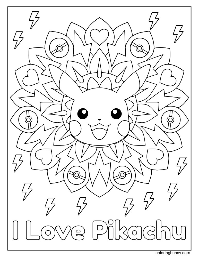I Love Pikachu mandala printable Pokemon coloring page