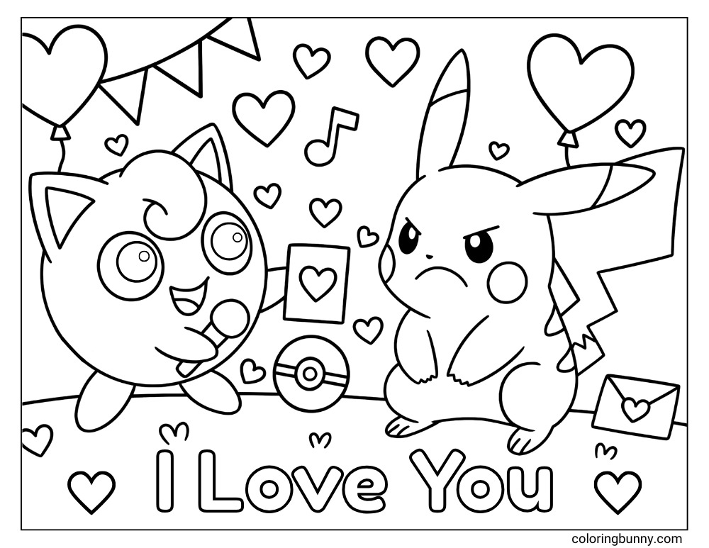 Jigglypuff and Pikachu I Love You valentines scene printable Pokemon coloring page