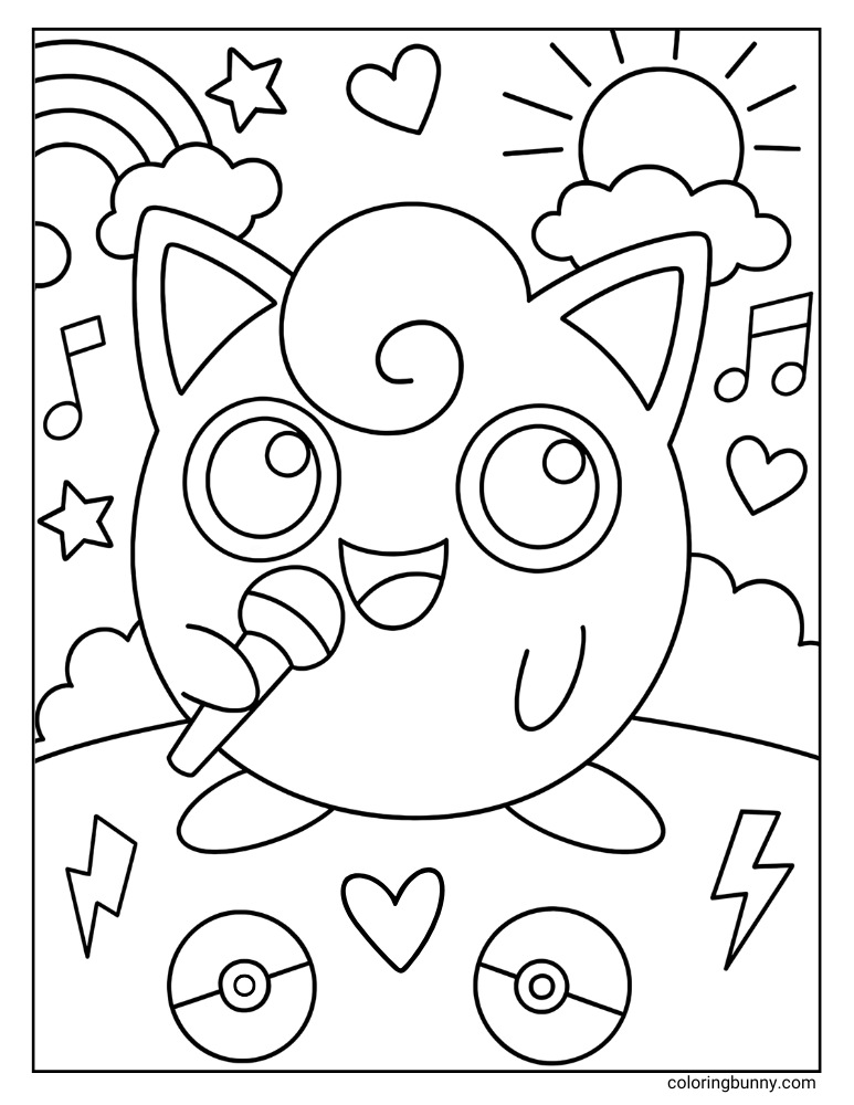 Jigglypuff singing on a sunny day printable Pokemon coloring page