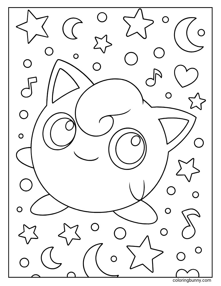 Jigglypuff surrounded by notes stars circles and hearts printable Pokemon coloring page