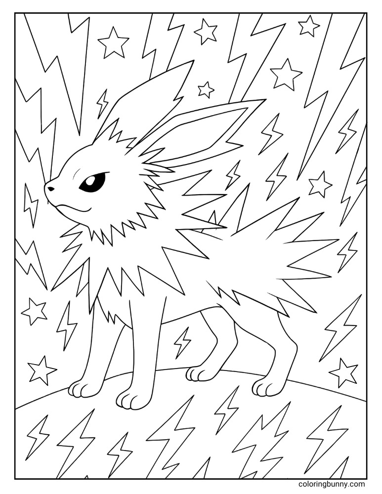Jolteon in a storm of lightning and stars printable Pokemon coloring page