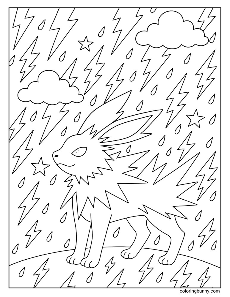 Jolteon in a thunderstorm printable Pokemon coloring page