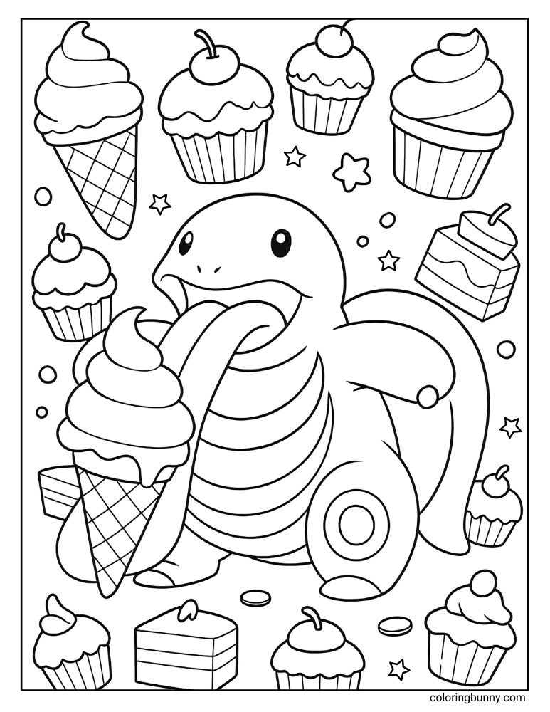 Lickitung eating an ice cream printable Pokemon coloring page