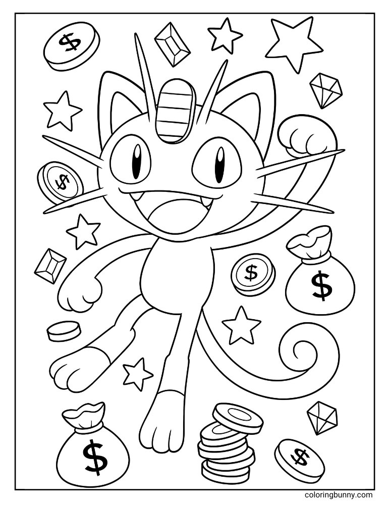 Meowth surrounded by gems stars coins and sacks of money printable Pokemon coloring page