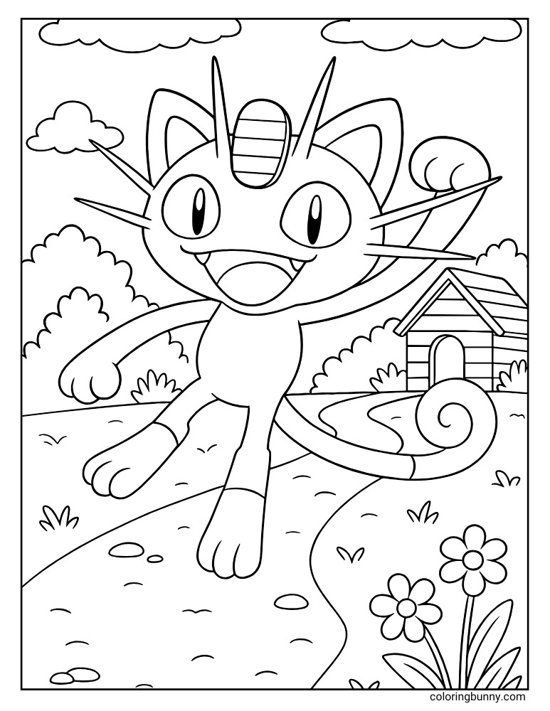 Meowth walking on a path printable Pokemon coloring page