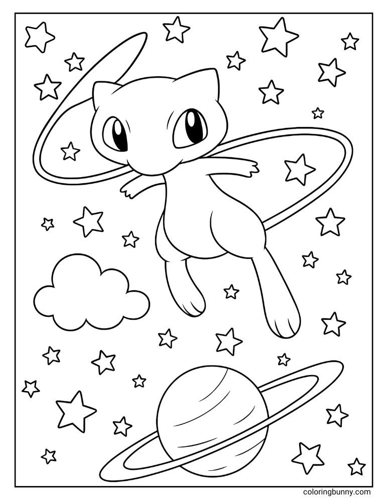 Mew with stars and a planet printable Pokemon coloring page