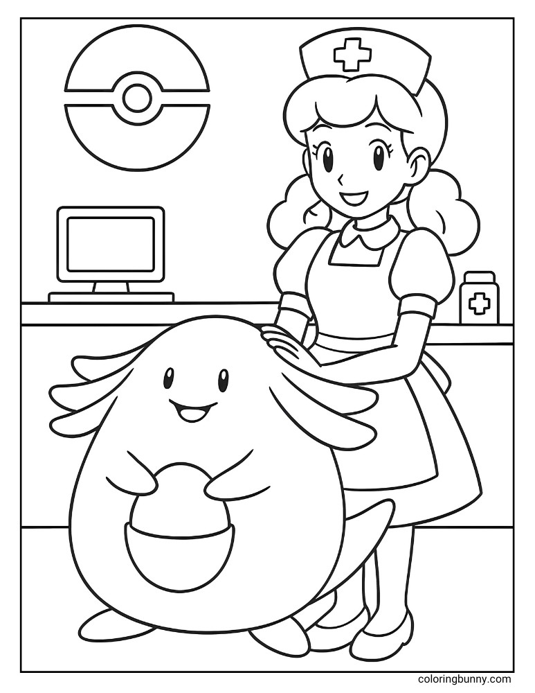 Nurse Joy with Chansey printable Pokemon coloring page