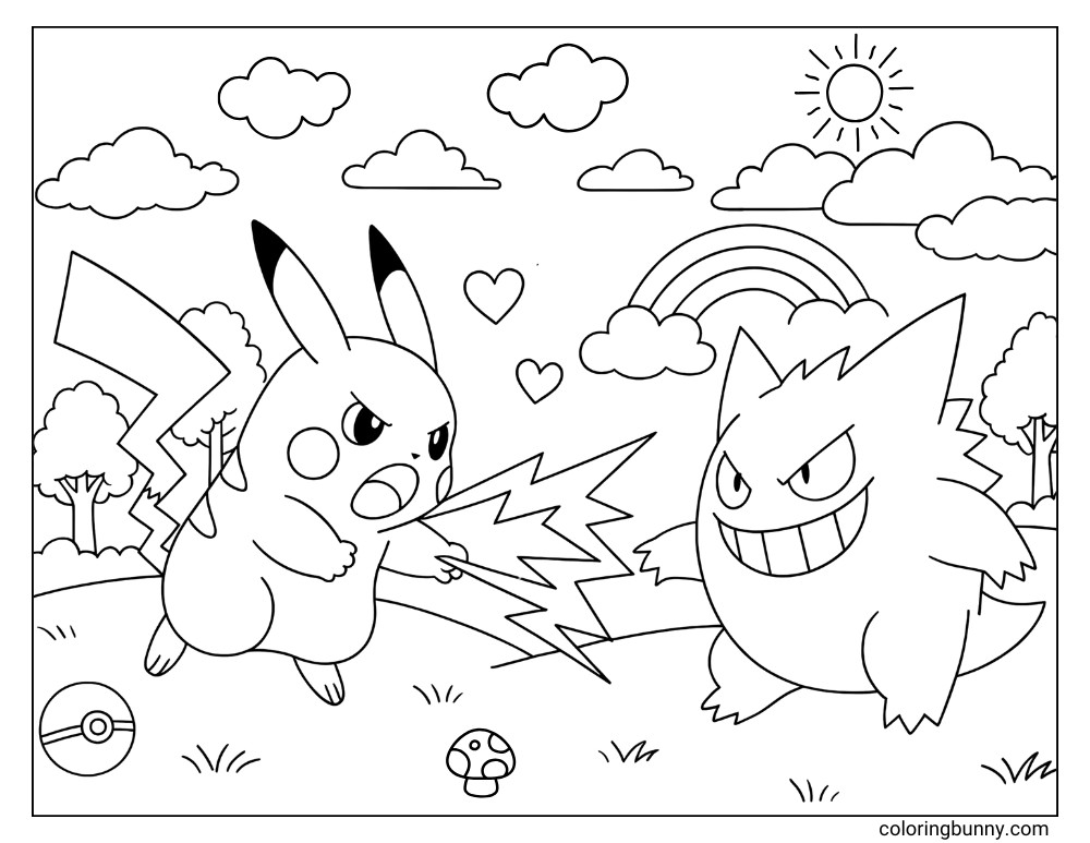 Pikachu vs. Gengar printable Pokemon coloring page
