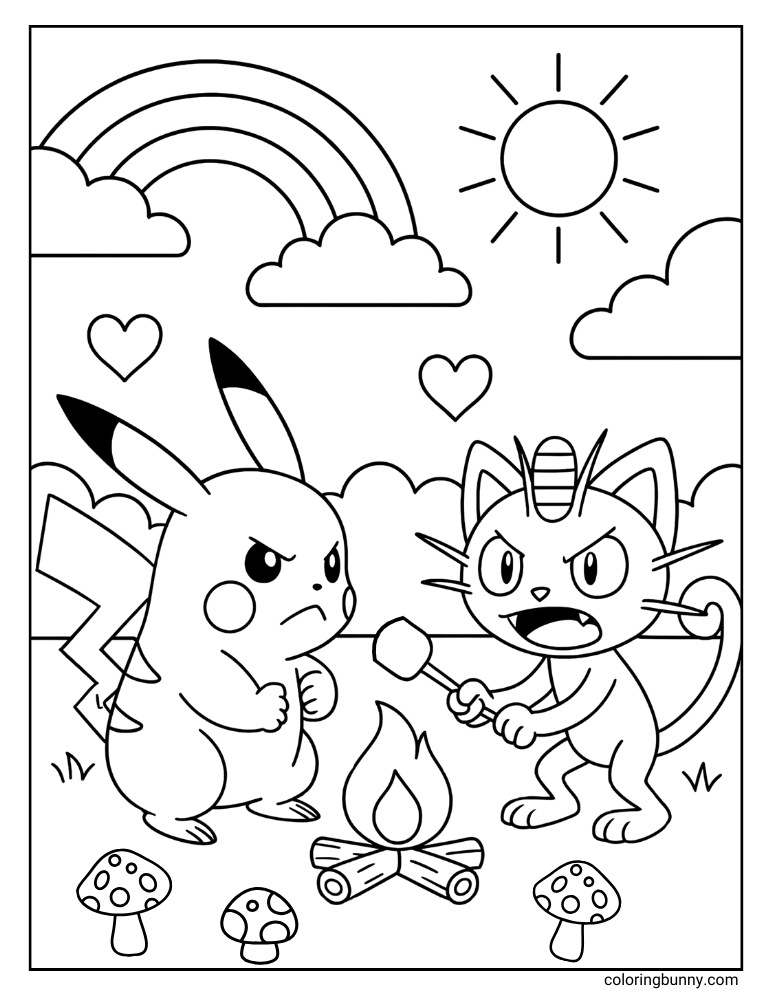 Pikachu vs. Meowth printable Pokemon coloring page