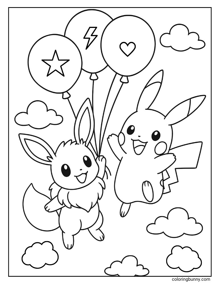 Pikachu and Eevee floating in the sky with balloons printable Pokemon coloring page