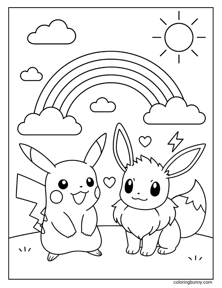 Pikachu and Eevee in love and chilling on a sunny hillside printable Pokemon coloring page