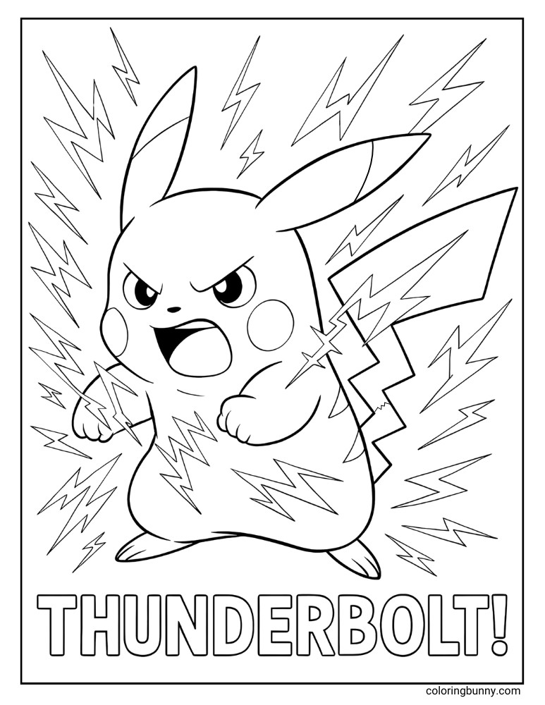 Pikachu doing Thunderbolt attack move printable Pokemon coloring page