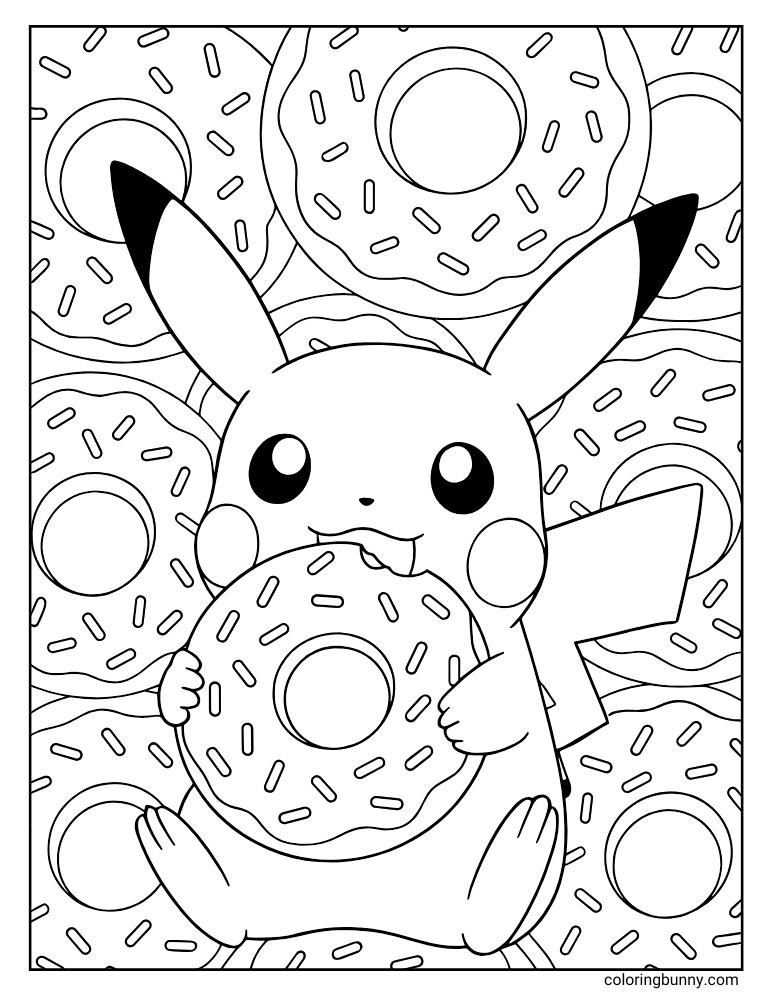 Pikachu eating donuts printable Pokemon coloring page