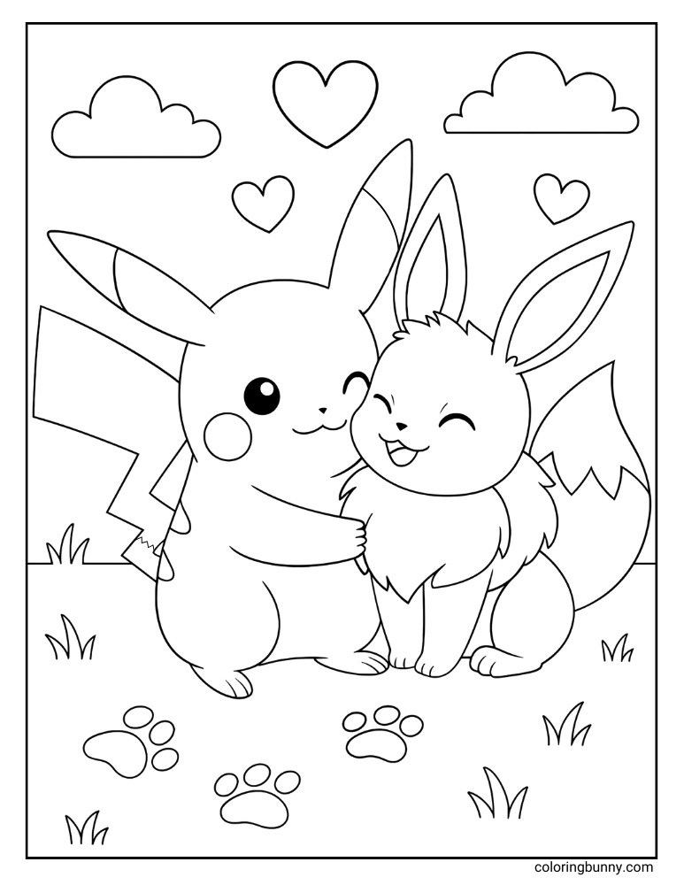 Pikachu hugging Eevee printable Pokemon coloring page