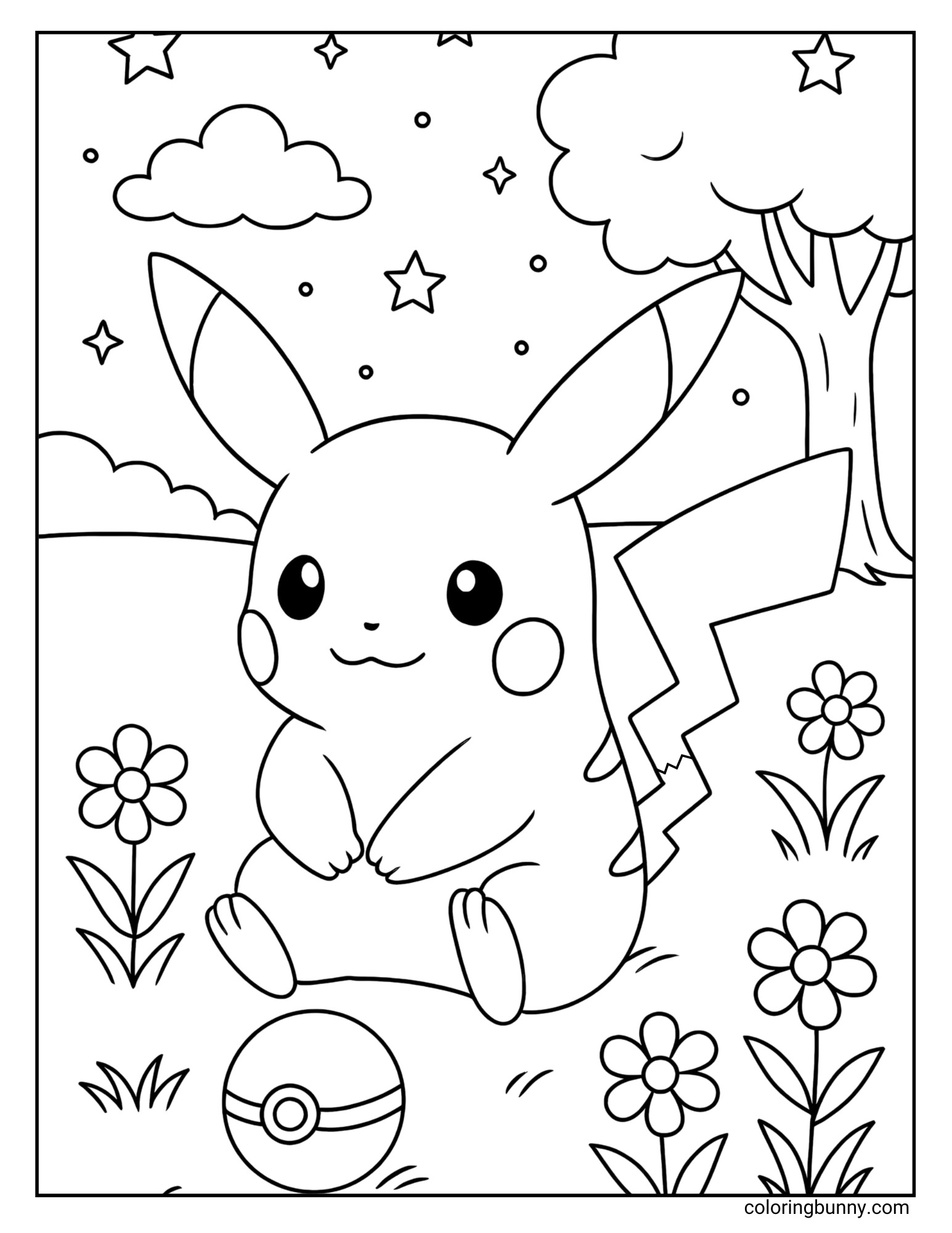 Pikachu sittting in a meadow printable Pokemon coloring page